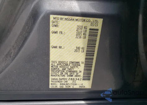 2015 Nissan Altima 2.5 z USA, uszkodzony, nr VIN 1N4AL3AP0FC286342